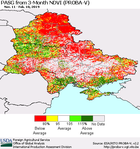 Ukraine, Moldova and Belarus PASG from 3-Month NDVI (PROBA-V) Thematic Map For 2/1/2019 - 2/10/2019