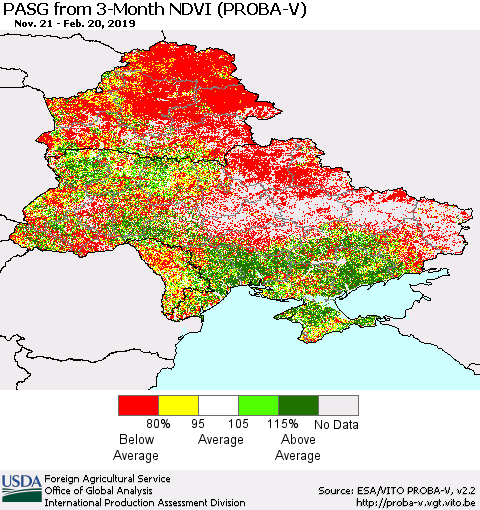 Ukraine, Moldova and Belarus PASG from 3-Month NDVI (PROBA-V) Thematic Map For 2/11/2019 - 2/20/2019