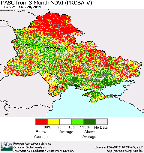 Ukraine, Moldova and Belarus PASG from 3-Month NDVI (PROBA-V) Thematic Map For 3/11/2019 - 3/20/2019