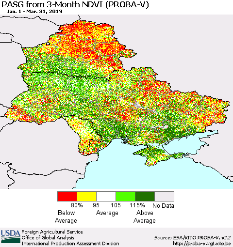 Ukraine, Moldova and Belarus PASG from 3-Month NDVI (PROBA-V) Thematic Map For 3/21/2019 - 3/31/2019