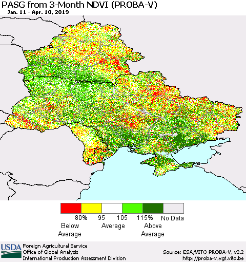 Ukraine, Moldova and Belarus PASG from 3-Month NDVI (PROBA-V) Thematic Map For 4/1/2019 - 4/10/2019