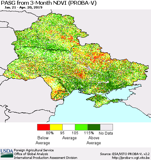 Ukraine, Moldova and Belarus PASG from 3-Month NDVI (PROBA-V) Thematic Map For 4/11/2019 - 4/20/2019