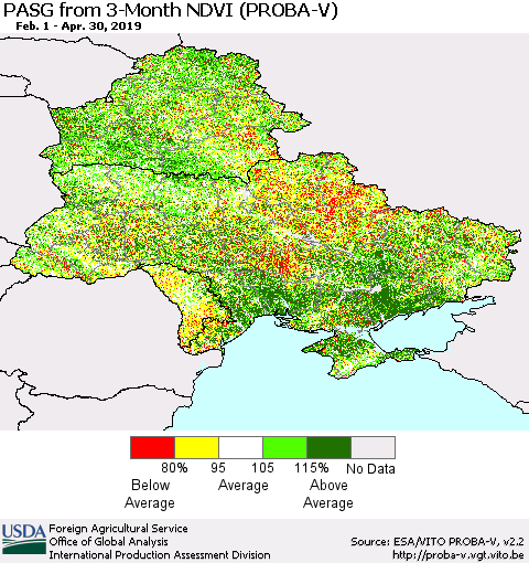 Ukraine, Moldova and Belarus PASG from 3-Month NDVI (PROBA-V) Thematic Map For 4/21/2019 - 4/30/2019