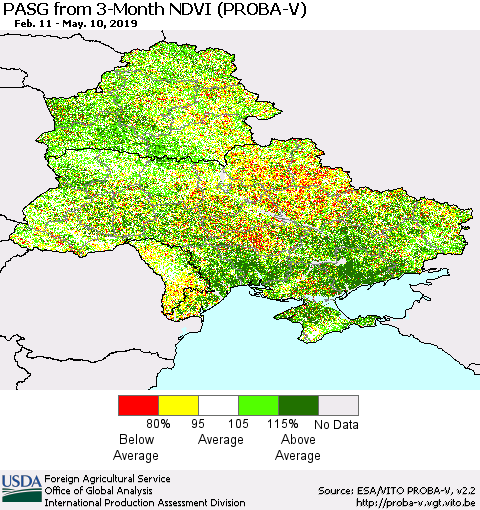 Ukraine, Moldova and Belarus PASG from 3-Month NDVI (PROBA-V) Thematic Map For 5/1/2019 - 5/10/2019