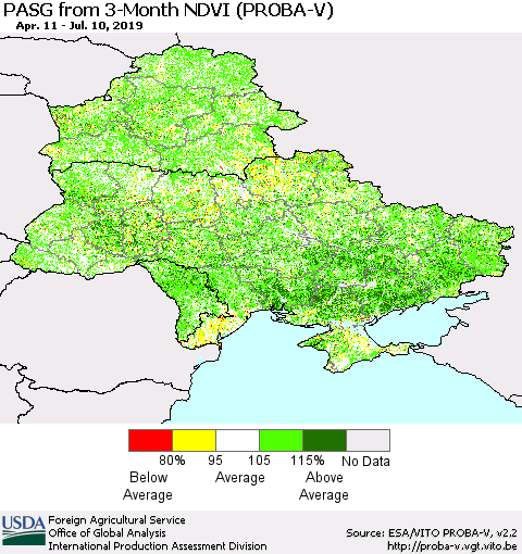 Ukraine, Moldova and Belarus PASG from 3-Month NDVI (PROBA-V) Thematic Map For 7/1/2019 - 7/10/2019