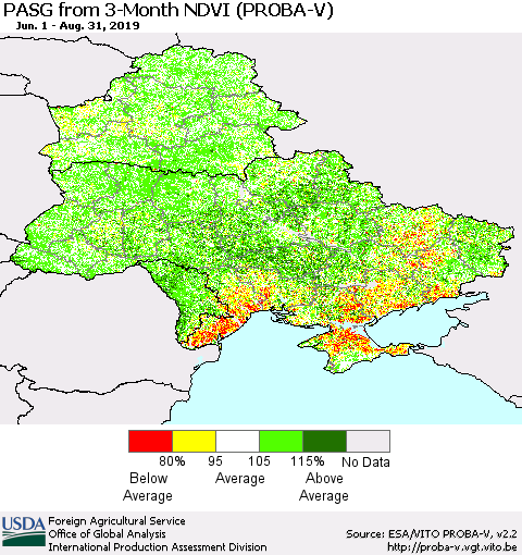 Ukraine, Moldova and Belarus PASG from 3-Month NDVI (PROBA-V) Thematic Map For 8/21/2019 - 8/31/2019