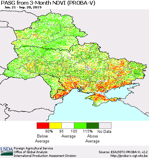 Ukraine, Moldova and Belarus PASG from 3-Month NDVI (PROBA-V) Thematic Map For 9/11/2019 - 9/20/2019