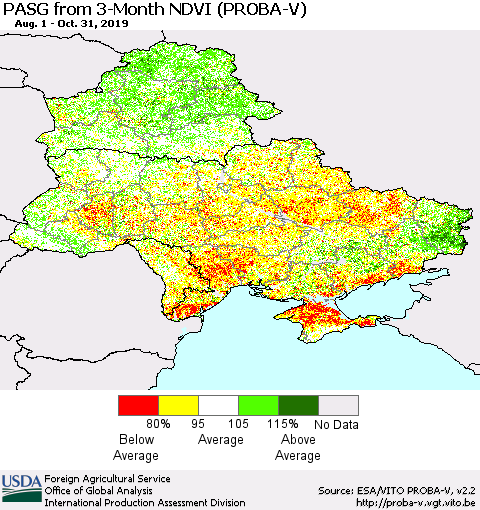 Ukraine, Moldova and Belarus PASG from 3-Month NDVI (PROBA-V) Thematic Map For 10/21/2019 - 10/31/2019