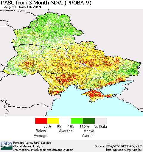 Ukraine, Moldova and Belarus PASG from 3-Month NDVI (PROBA-V) Thematic Map For 11/1/2019 - 11/10/2019