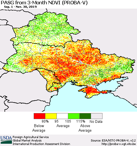 Ukraine, Moldova and Belarus PASG from 3-Month NDVI (PROBA-V) Thematic Map For 11/21/2019 - 11/30/2019