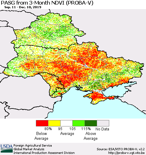 Ukraine, Moldova and Belarus PASG from 3-Month NDVI (PROBA-V) Thematic Map For 12/1/2019 - 12/10/2019
