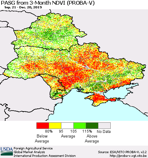 Ukraine, Moldova and Belarus PASG from 3-Month NDVI (PROBA-V) Thematic Map For 12/11/2019 - 12/20/2019