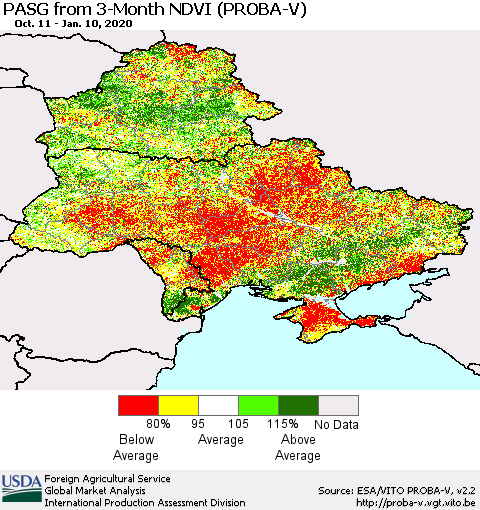 Ukraine, Moldova and Belarus PASG from 3-Month NDVI (PROBA-V) Thematic Map For 1/1/2020 - 1/10/2020