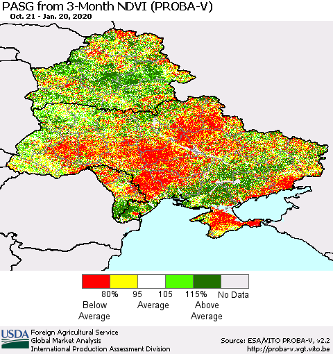Ukraine, Moldova and Belarus PASG from 3-Month NDVI (PROBA-V) Thematic Map For 1/11/2020 - 1/20/2020