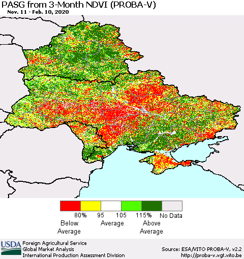 Ukraine, Moldova and Belarus PASG from 3-Month NDVI (PROBA-V) Thematic Map For 2/1/2020 - 2/10/2020
