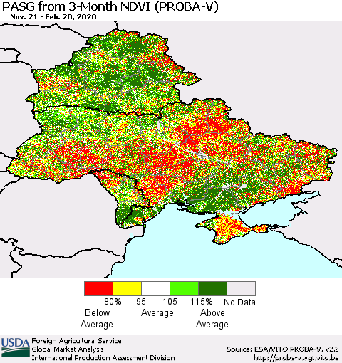 Ukraine, Moldova and Belarus PASG from 3-Month NDVI (PROBA-V) Thematic Map For 2/11/2020 - 2/20/2020