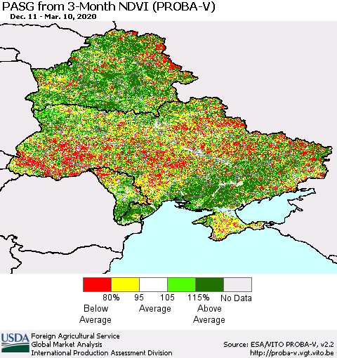 Ukraine, Moldova and Belarus PASG from 3-Month NDVI (PROBA-V) Thematic Map For 3/1/2020 - 3/10/2020