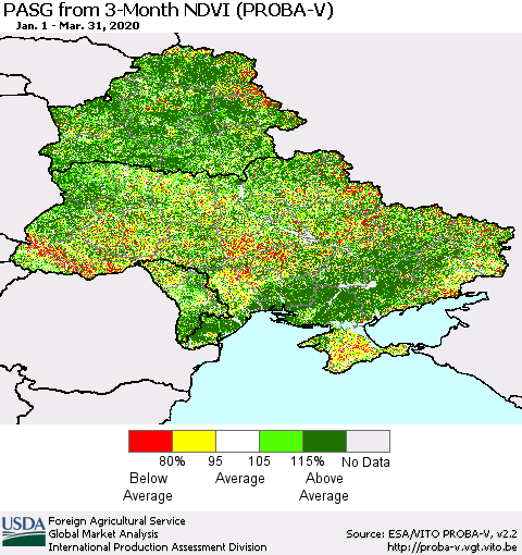 Ukraine, Moldova and Belarus PASG from 3-Month NDVI (PROBA-V) Thematic Map For 3/21/2020 - 3/31/2020