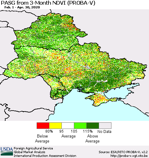 Ukraine, Moldova and Belarus PASG from 3-Month NDVI (PROBA-V) Thematic Map For 4/21/2020 - 4/30/2020