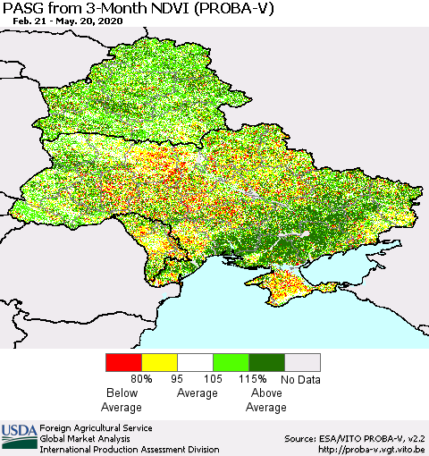 Ukraine, Moldova and Belarus PASG from 3-Month NDVI (PROBA-V) Thematic Map For 5/11/2020 - 5/20/2020