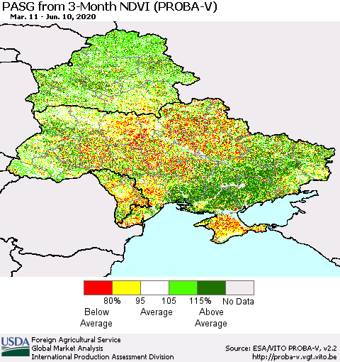 Ukraine, Moldova and Belarus PASG from 3-Month NDVI (PROBA-V) Thematic Map For 6/1/2020 - 6/10/2020