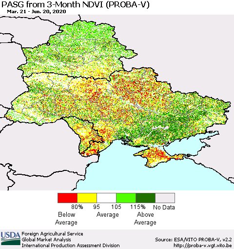 Ukraine, Moldova and Belarus PASG from 3-Month NDVI (PROBA-V) Thematic Map For 6/11/2020 - 6/20/2020
