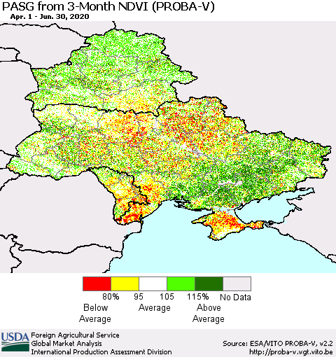 Ukraine, Moldova and Belarus PASG from 3-Month NDVI (PROBA-V) Thematic Map For 6/21/2020 - 6/30/2020