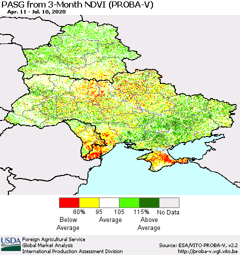 Ukraine, Moldova and Belarus PASG from 3-Month NDVI (PROBA-V) Thematic Map For 7/1/2020 - 7/10/2020