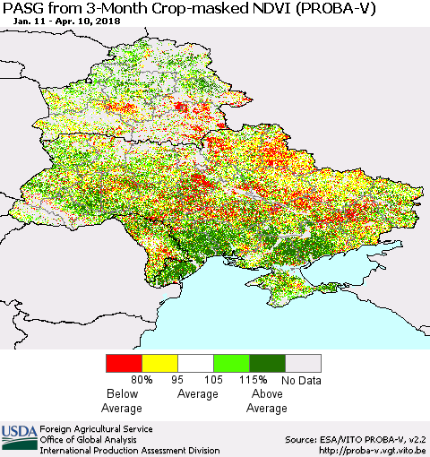 Ukraine, Moldova and Belarus PASG from 3-Month Crop-masked NDVI (PROBA-V) Thematic Map For 4/1/2018 - 4/10/2018