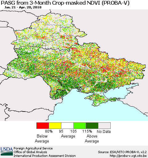 Ukraine, Moldova and Belarus PASG from 3-Month Crop-masked NDVI (PROBA-V) Thematic Map For 4/11/2018 - 4/20/2018