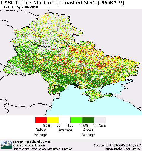 Ukraine, Moldova and Belarus PASG from 3-Month Crop-masked NDVI (PROBA-V) Thematic Map For 4/21/2018 - 4/30/2018