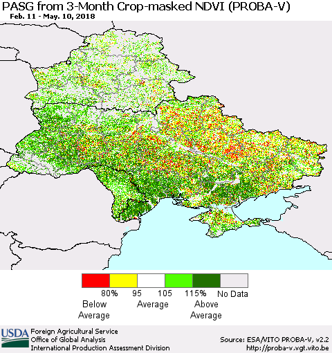 Ukraine, Moldova and Belarus PASG from 3-Month Crop-masked NDVI (PROBA-V) Thematic Map For 5/1/2018 - 5/10/2018