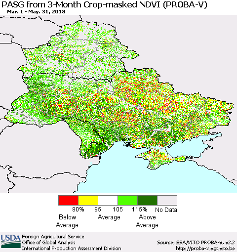 Ukraine, Moldova and Belarus PASG from 3-Month Crop-masked NDVI (PROBA-V) Thematic Map For 5/21/2018 - 5/31/2018