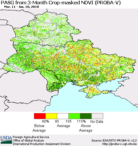 Ukraine, Moldova and Belarus PASG from 3-Month Crop-masked NDVI (PROBA-V) Thematic Map For 6/1/2018 - 6/10/2018
