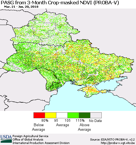 Ukraine, Moldova and Belarus PASG from 3-Month Crop-masked NDVI (PROBA-V) Thematic Map For 6/11/2018 - 6/20/2018