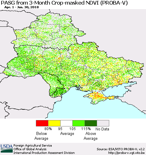 Ukraine, Moldova and Belarus PASG from 3-Month Crop-masked NDVI (PROBA-V) Thematic Map For 6/21/2018 - 6/30/2018