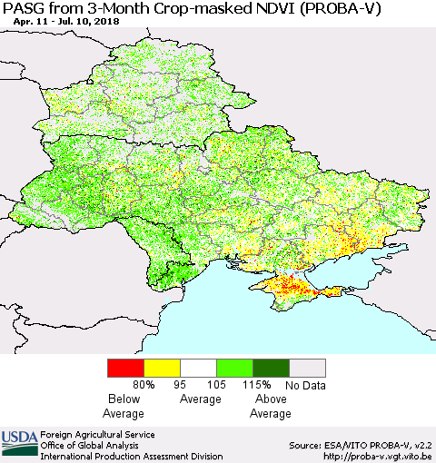 Ukraine, Moldova and Belarus PASG from 3-Month Crop-masked NDVI (PROBA-V) Thematic Map For 7/1/2018 - 7/10/2018