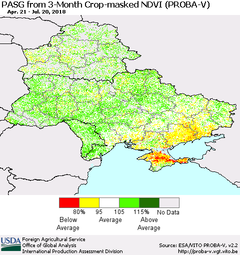 Ukraine, Moldova and Belarus PASG from 3-Month Crop-masked NDVI (PROBA-V) Thematic Map For 7/11/2018 - 7/20/2018