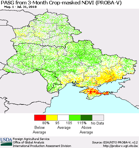Ukraine, Moldova and Belarus PASG from 3-Month Crop-masked NDVI (PROBA-V) Thematic Map For 7/21/2018 - 7/31/2018