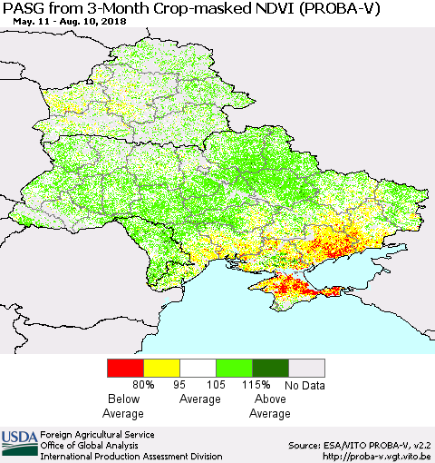 Ukraine, Moldova and Belarus PASG from 3-Month Crop-masked NDVI (PROBA-V) Thematic Map For 8/1/2018 - 8/10/2018