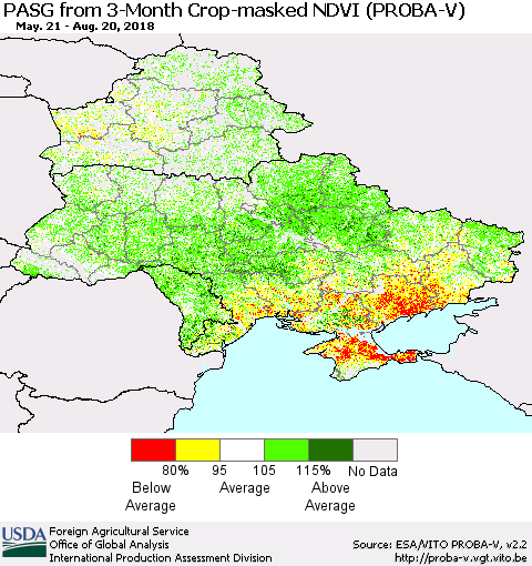 Ukraine, Moldova and Belarus PASG from 3-Month Crop-masked NDVI (PROBA-V) Thematic Map For 8/11/2018 - 8/20/2018