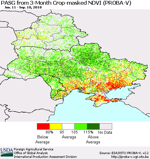 Ukraine, Moldova and Belarus PASG from 3-Month Crop-masked NDVI (PROBA-V) Thematic Map For 9/1/2018 - 9/10/2018