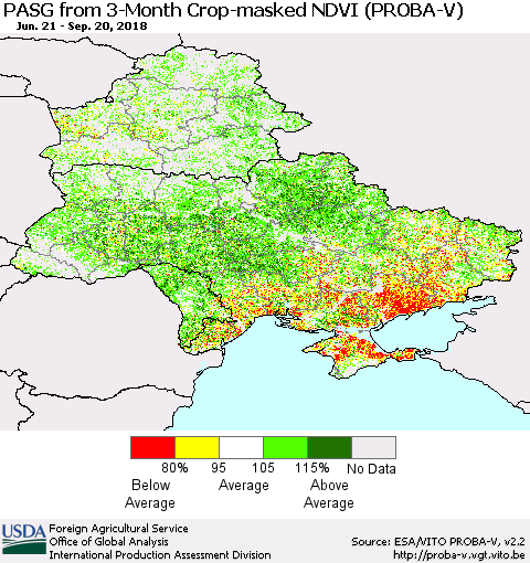 Ukraine, Moldova and Belarus PASG from 3-Month Crop-masked NDVI (PROBA-V) Thematic Map For 9/11/2018 - 9/20/2018