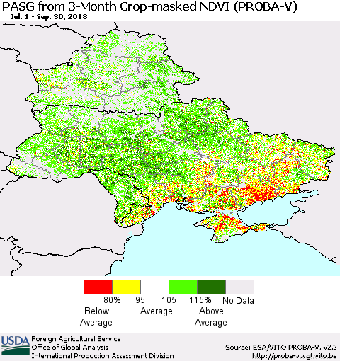 Ukraine, Moldova and Belarus PASG from 3-Month Crop-masked NDVI (PROBA-V) Thematic Map For 9/21/2018 - 9/30/2018