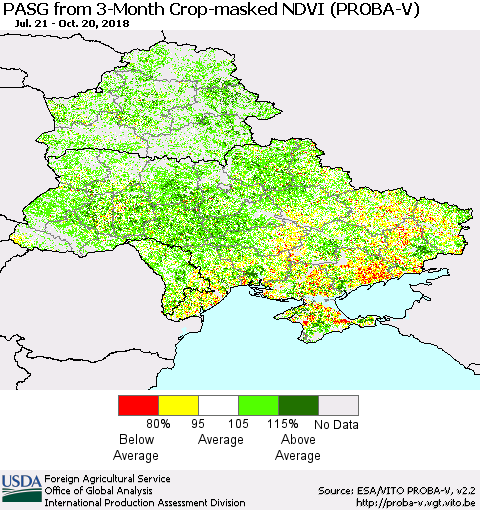 Ukraine, Moldova and Belarus PASG from 3-Month Crop-masked NDVI (PROBA-V) Thematic Map For 10/11/2018 - 10/20/2018
