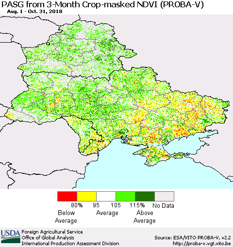 Ukraine, Moldova and Belarus PASG from 3-Month Crop-masked NDVI (PROBA-V) Thematic Map For 10/21/2018 - 10/31/2018