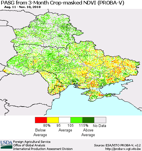 Ukraine, Moldova and Belarus PASG from 3-Month Crop-masked NDVI (PROBA-V) Thematic Map For 11/1/2018 - 11/10/2018