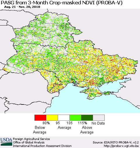 Ukraine, Moldova and Belarus PASG from 3-Month Crop-masked NDVI (PROBA-V) Thematic Map For 11/11/2018 - 11/20/2018