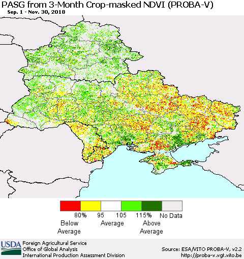 Ukraine, Moldova and Belarus PASG from 3-Month Crop-masked NDVI (PROBA-V) Thematic Map For 11/21/2018 - 11/30/2018
