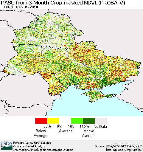 Ukraine, Moldova and Belarus PASG from 3-Month Crop-masked NDVI (PROBA-V) Thematic Map For 12/21/2018 - 12/31/2018